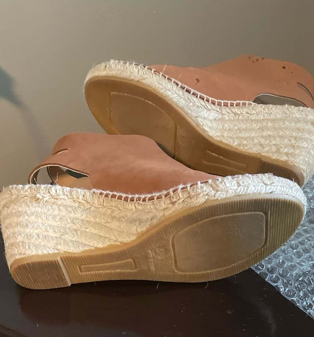 Kanna Tan Leather Peep Toe Espadrille Wedge Sandals Size 7.5 - Picture 5 of 5